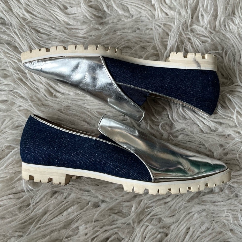All Black Bus Stop Silver Metallic Leather Denim Pointed Toe Loafer Flats Sz 38